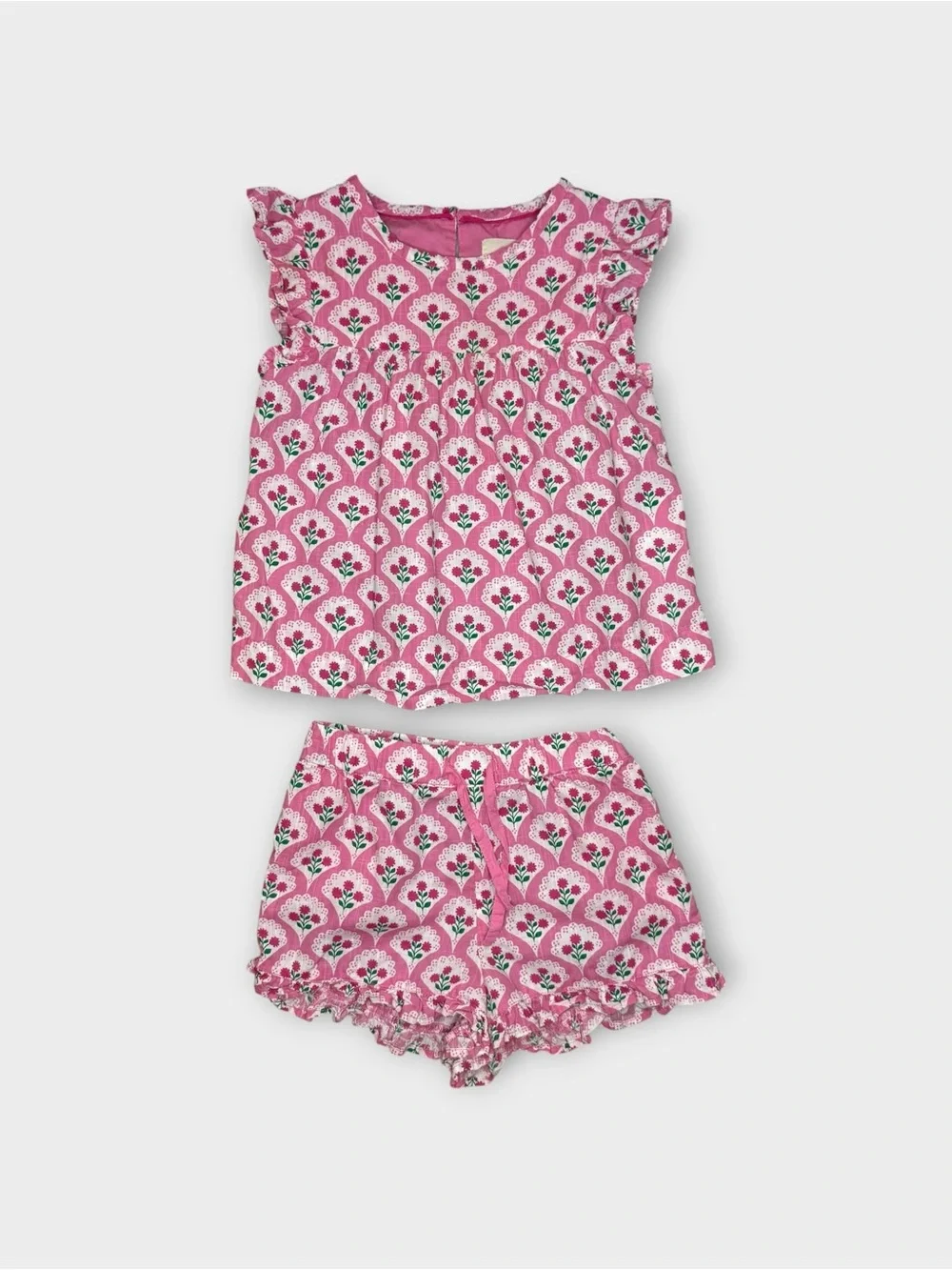 Mini Boden Pink Roses Woodblock Floral Top & Shorts Matching Set